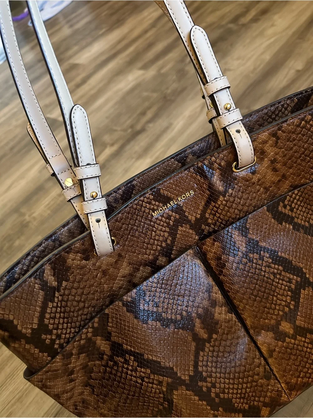 Michael Kors Brown Snake Print Tote with Cream Straps